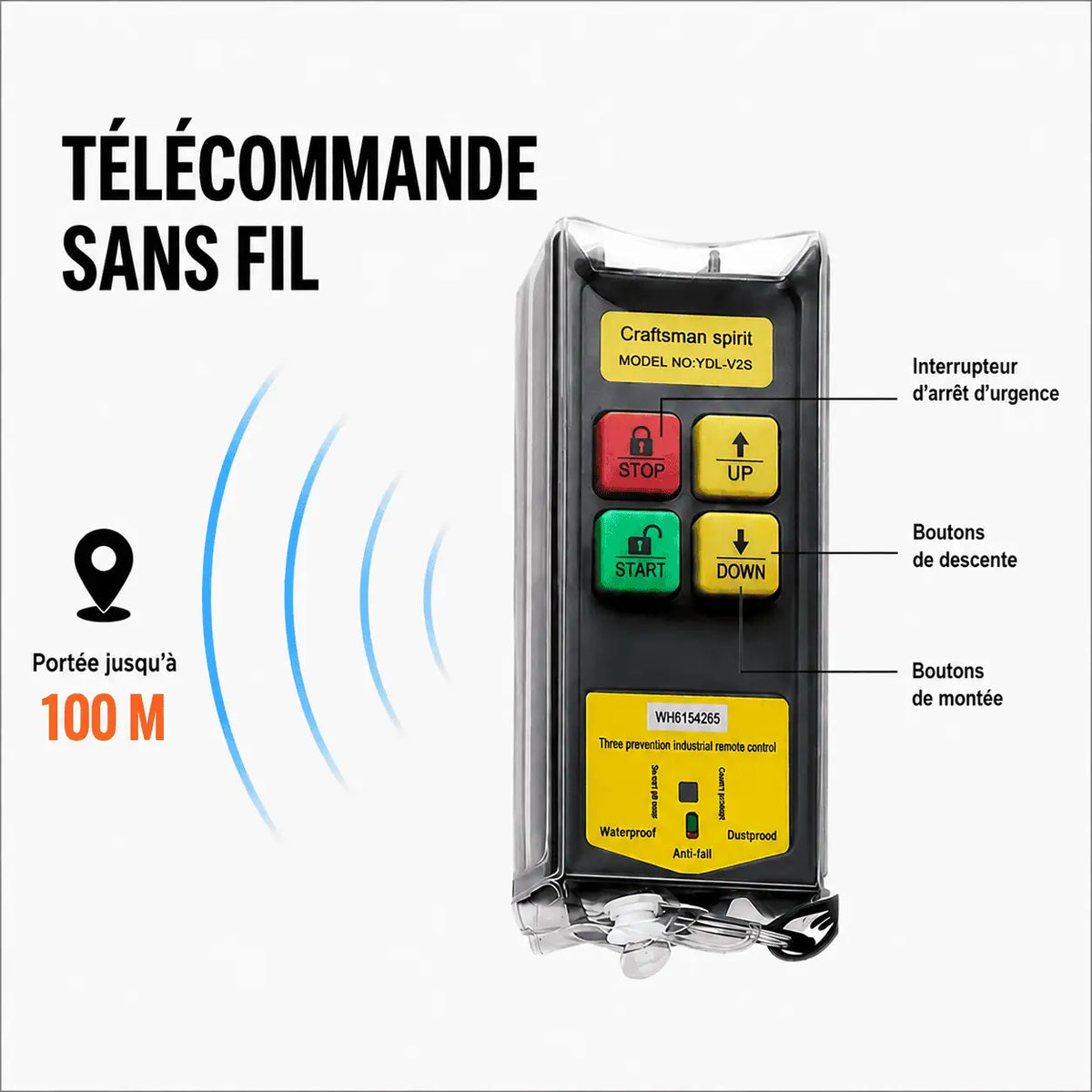Télécommande sans fil du palan avec boutons de montée, descente et arrêt d'urgence