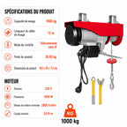 Spécifications du palan : capacité 1000 kg, moteur 220V 1600W, 2 800 tr/min, télécommande sans fil
