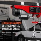 Palan électrique installé dans un garage pour soulever une charge au-dessus d'un véhicule