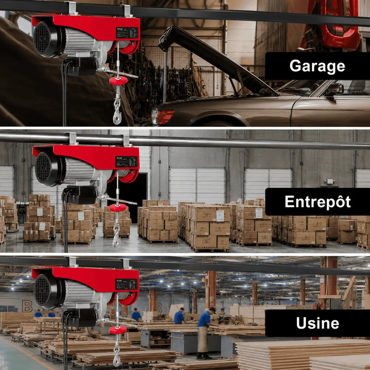 Palan électrique en usage dans un garage, un entrepôt et une usine
