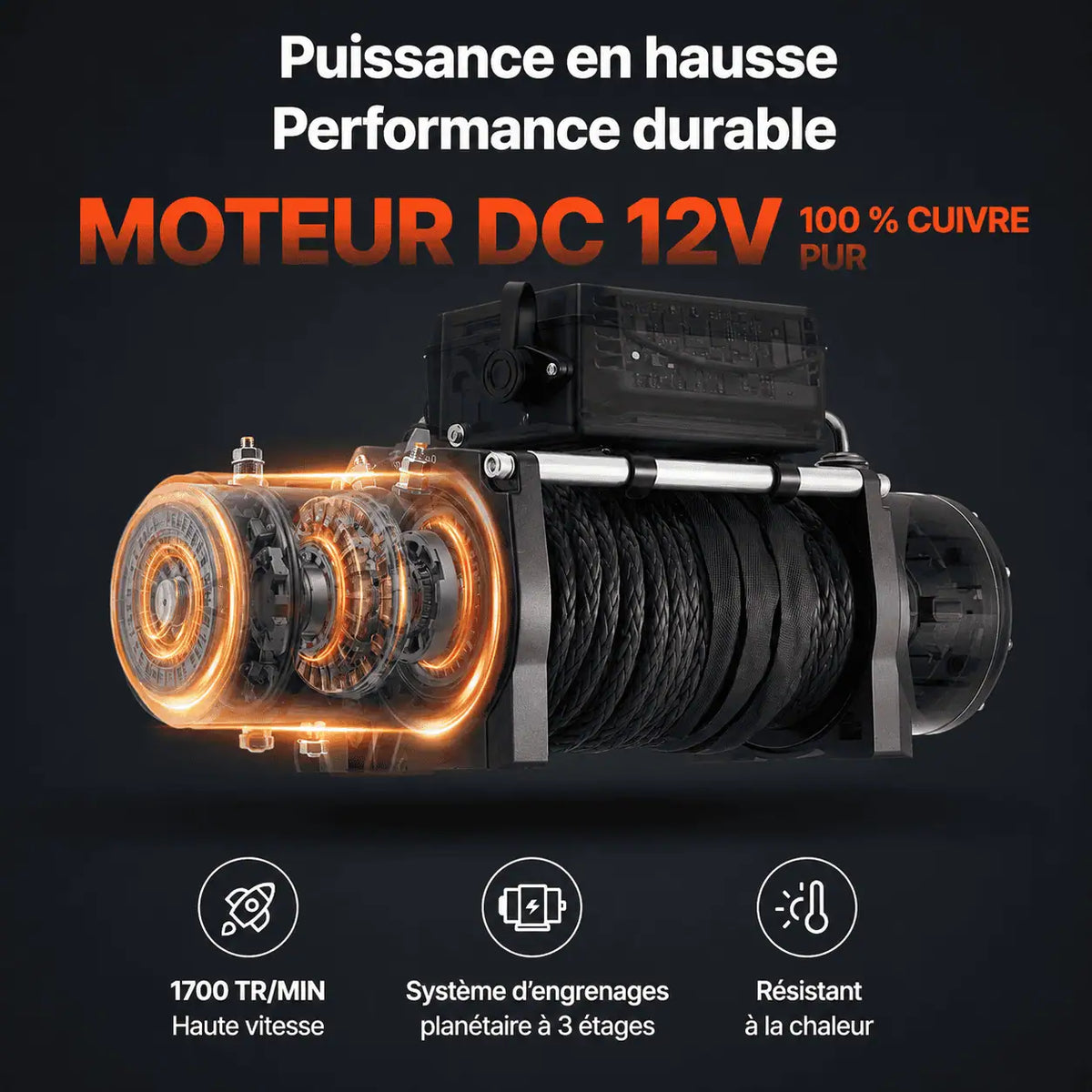 Moteur à courant continu 12V en cuivre pur du treuil, vue interne du bobinage