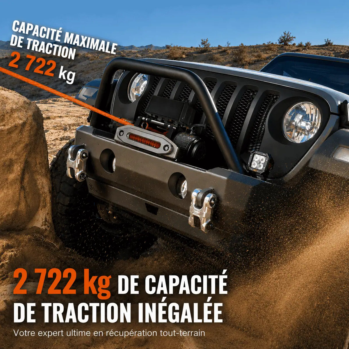 Véhicule tout-terrain tracté en terrain sableux, capacité maximale de traction de 2 722 kg annoncée
