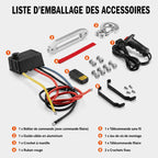 Liste d'emballage des accessoires : boîtier de contrôle, guide-câble aluminium, crochet à manille, télécommandes et ruban rouge