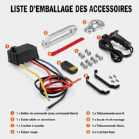 Liste d'emballage des accessoires : boîtier de contrôle, guide-câble aluminium, crochet à manille, télécommandes et ruban rouge