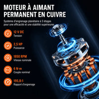 Moteur à aimant permanent en cuivre : 12V CC, 2,5 HP, 1 850 tr/min, couple 6 Nm, réduction 195,8:1