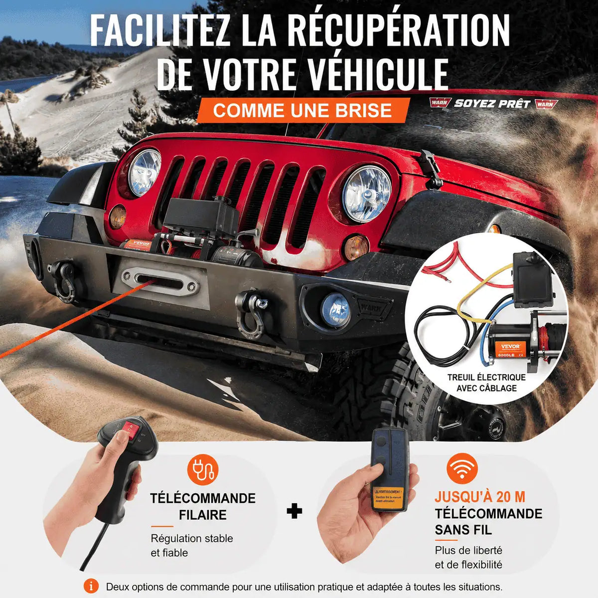 Récupération d'un 4x4 à l'aide du treuil, commandé par télécommande filaire ou sans fil de 20 m