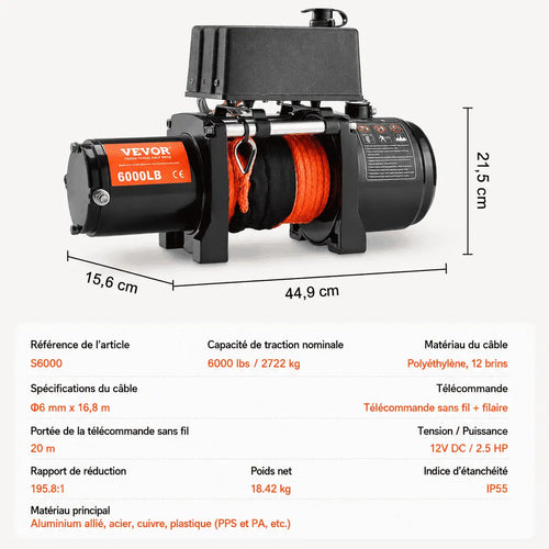 Spécifications du treuil 6000 lb : longueur 44,9 cm, hauteur 21,5 cm, corde polyéthylène 12 brins