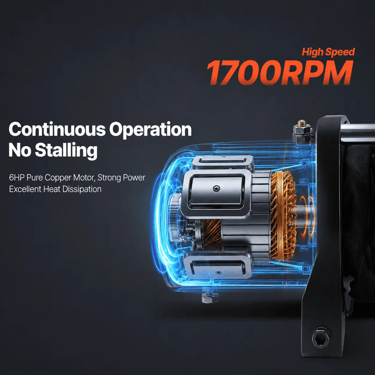 Moteur du treuil en fonctionnement continu à 1 700 tr/min, sans calage