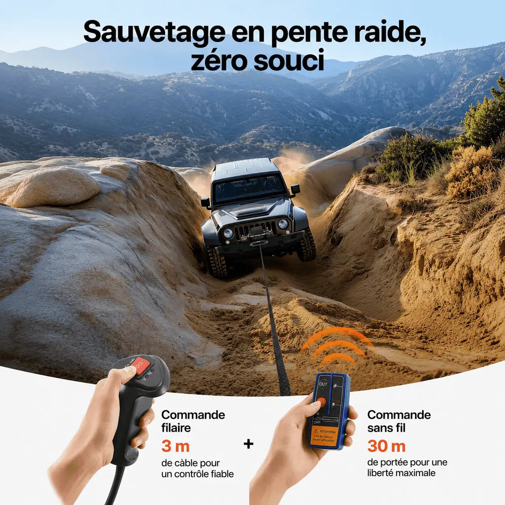 Récupération en pente raide avec commande filaire de 2 m ou commande sans fil de 30 m