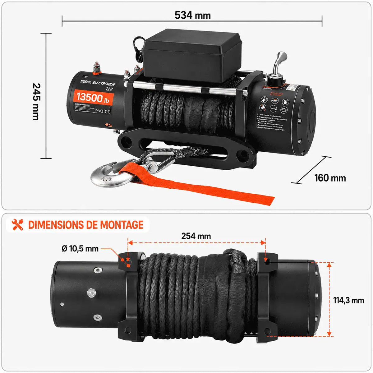 Dimensions de montage du treuil : entraxe 254 mm, largeur 114,3 mm, œillets de 10,5 mm