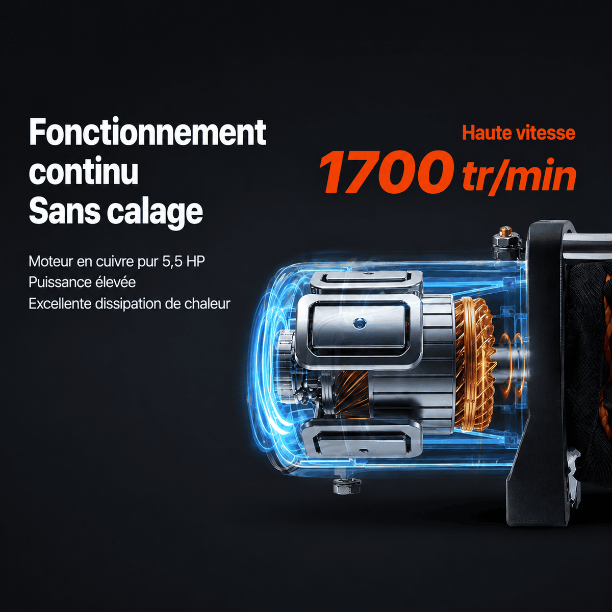 Moteur du treuil en fonctionnement continu à 1 700 tr/min, sans calage