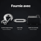 Accessoires fournis : crochet à chape de 3,8 po, guide-câble à écrou et boîtier de commande