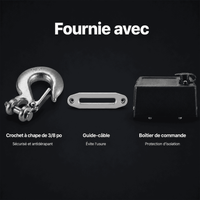 Accessoires fournis : crochet à chape de 3,8 po, guide-câble à écrou et boîtier de commande