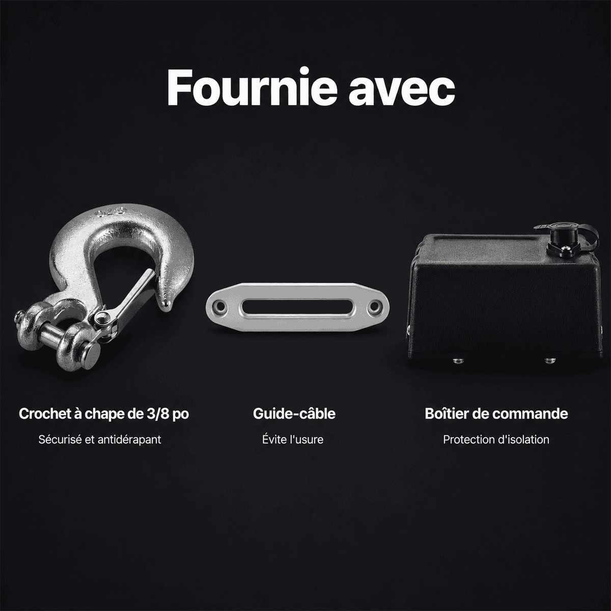 Accessoires fournis : crochet à chape de 3,8 po, guide-câble à écrou et boîtier de commande