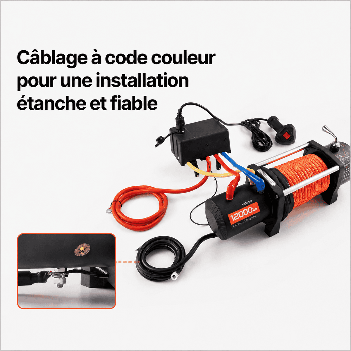 Câblage à code couleur du treuil avec connecteurs étanches pour une installation fiable