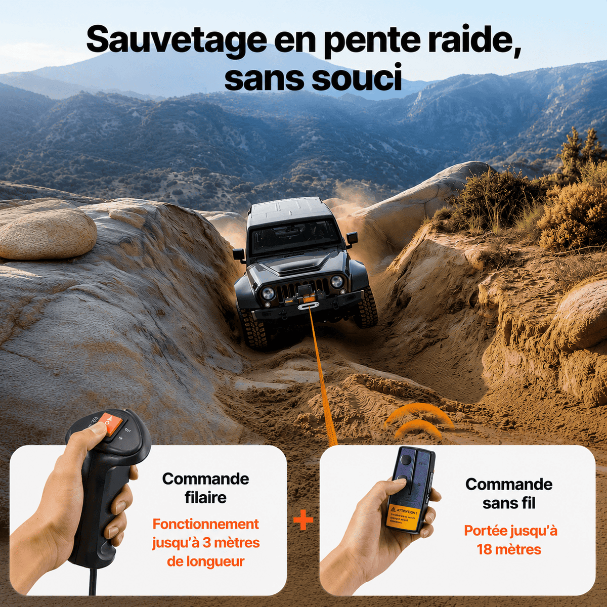 Récupération en pente raide avec commande filaire de 2 m ou commande sans fil de 15 m
