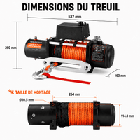 Dimensions du treuil : longueur 537 mm, hauteur 180 mm, entraxe de montage 254 mm