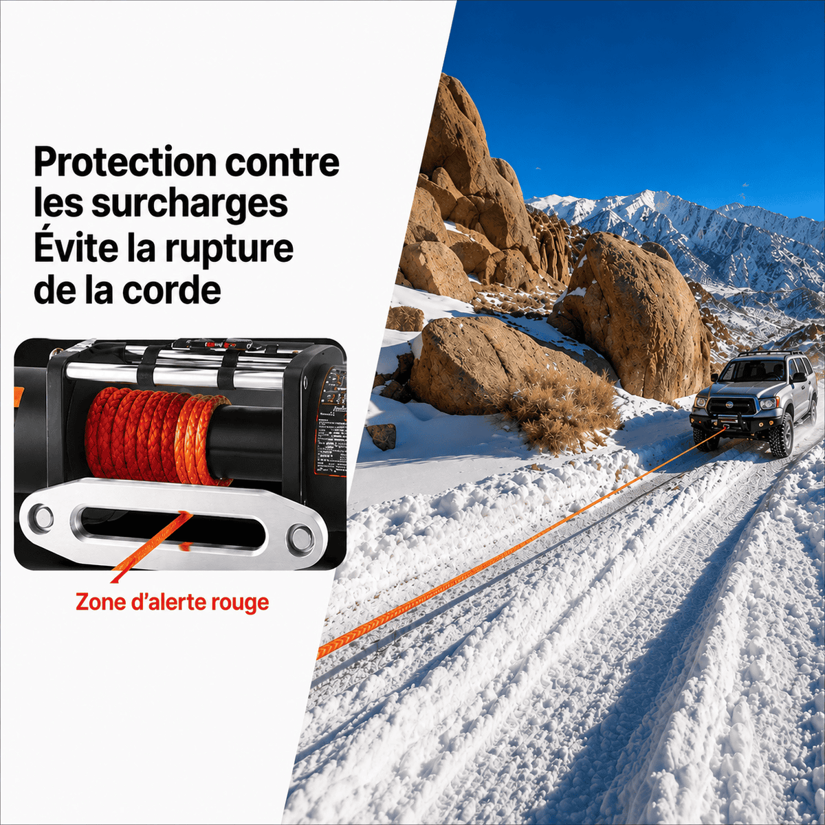 Zone d'alerte rouge sur la corde signalant la limite d'enroulement contre les surcharges