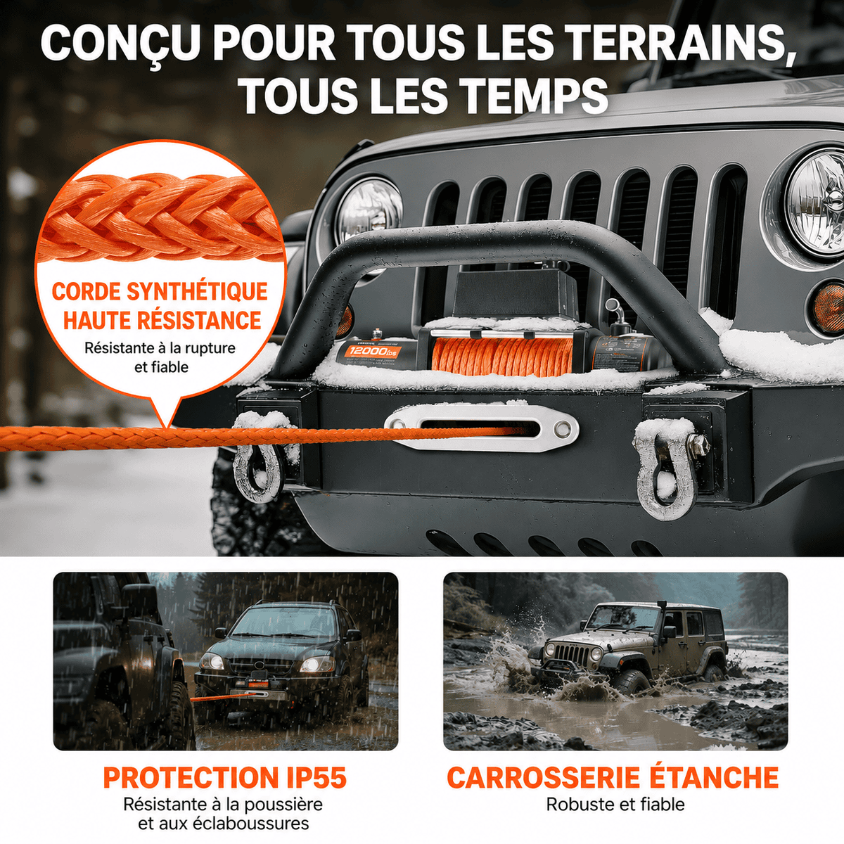 Treuil utilisé sur tous terrains et par tous les temps, corde synthétique haute résistance et protection IP55