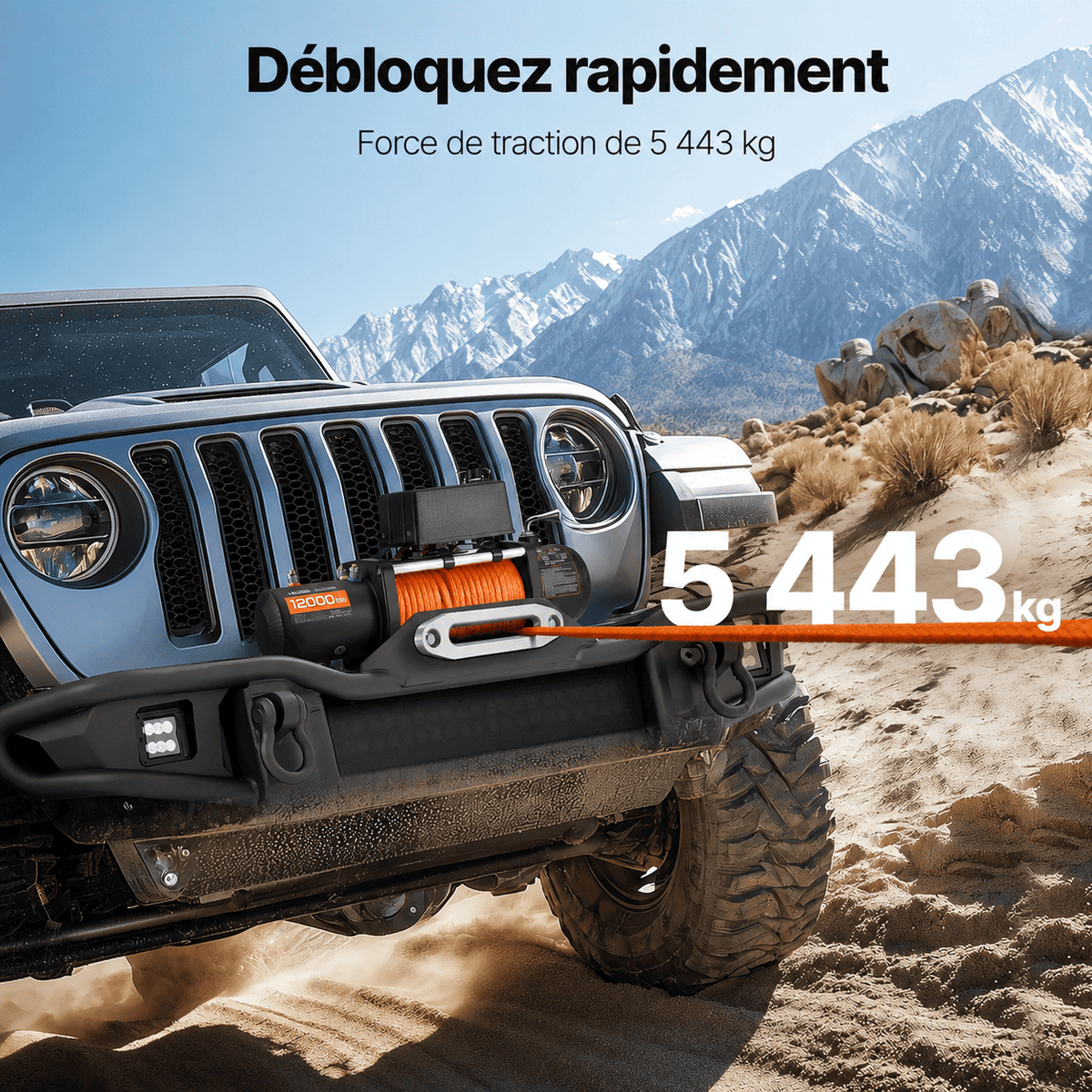 Véhicule tout-terrain débloqué en terrain rocheux, force de traction de 5 443 kg annoncée