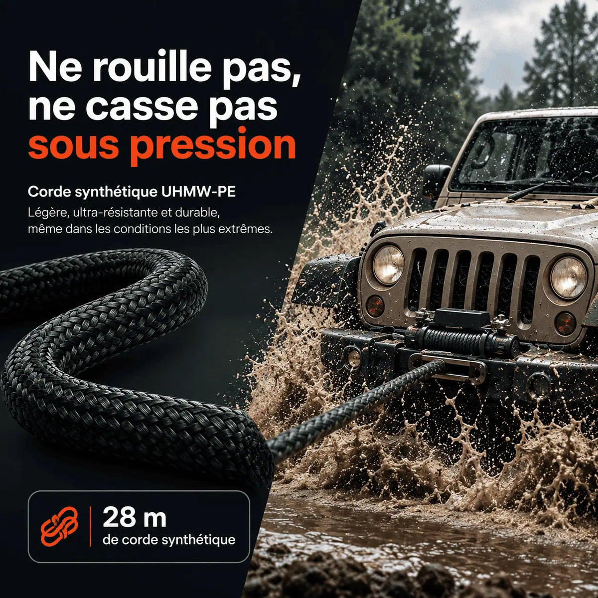 Corde synthétique UHMW-PE de 28 m résistante aux UV, à la pluie et à la fatigue