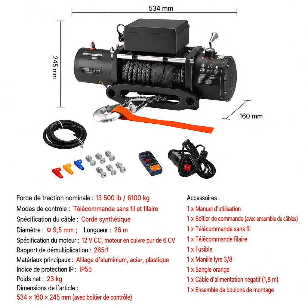 Spécifications du treuil 13500 lb : longueur 534 mm, corde synthétique, moteur 12V CC, indice IP55