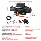 Spécifications du treuil 13500 lb : longueur 534 mm, corde synthétique, moteur 12V CC, indice IP55