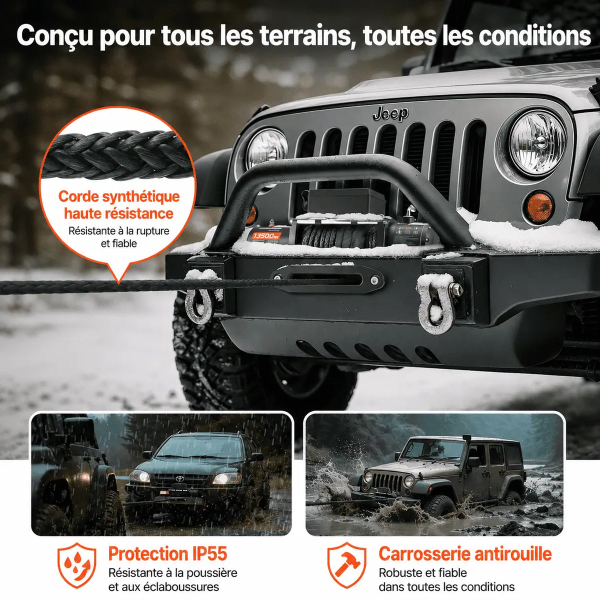 Treuil utilisé sur tous terrains, corde synthétique haute résistance et protection IP55