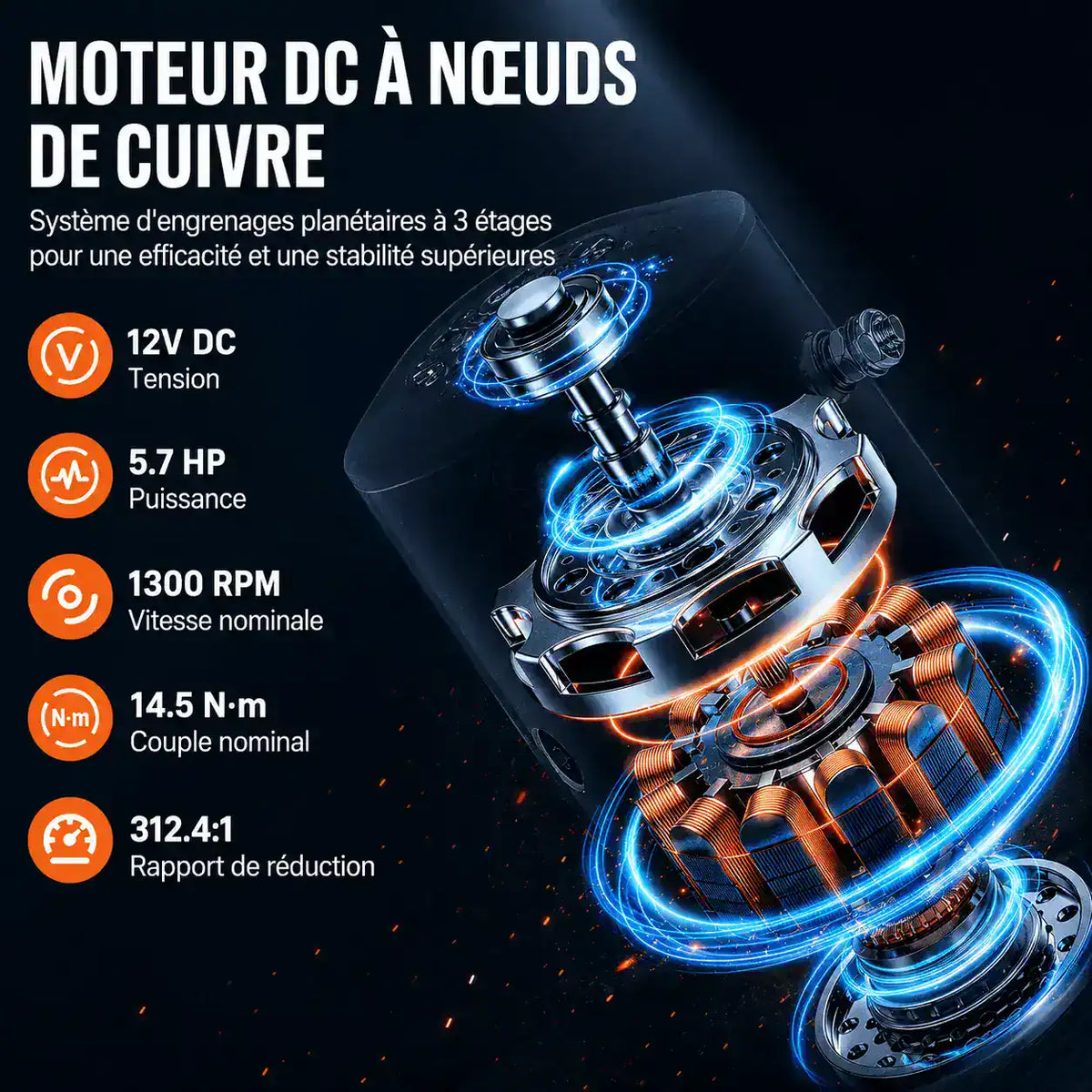 Moteur à courant continu et train planétaire du treuil : 12V CC, 5,7 HP, couple 14,5 Nm, réduction 312,4:1