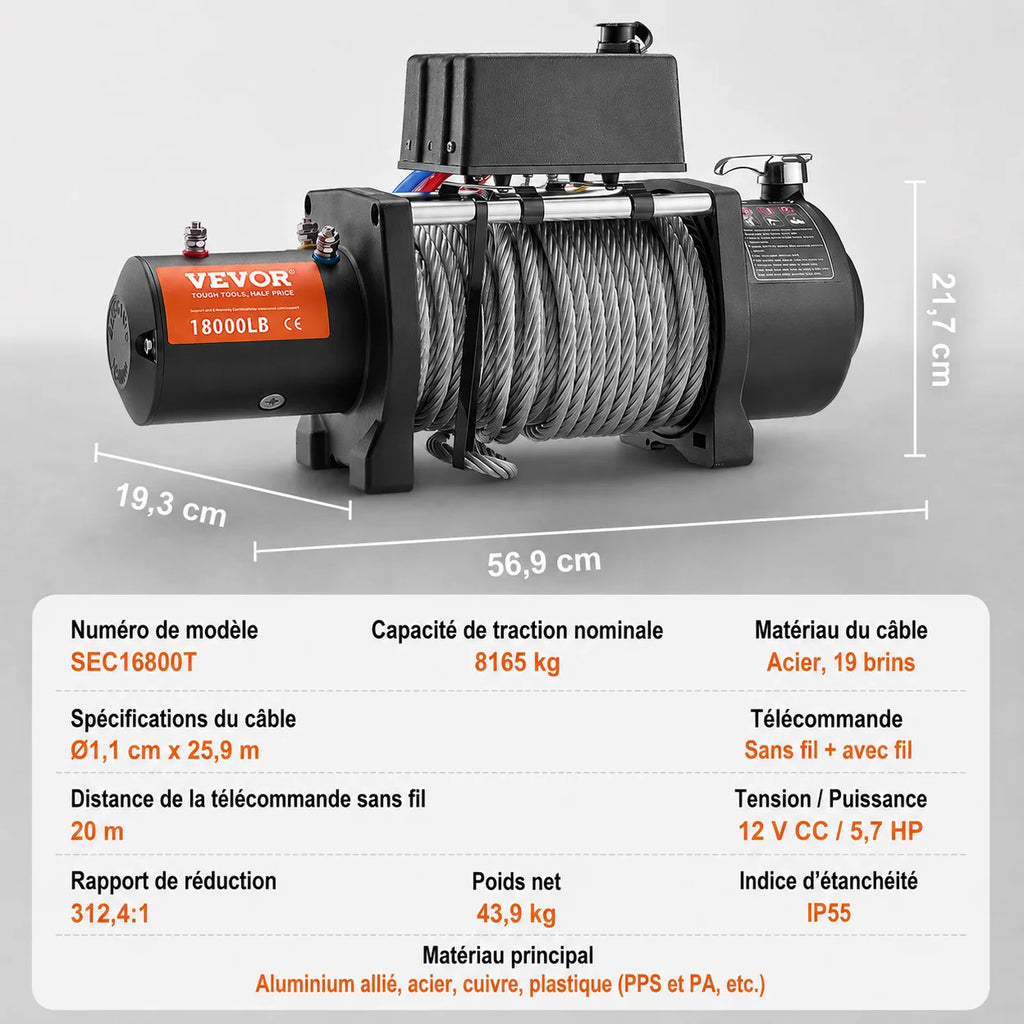 Spécifications du treuil 8165 kg : câble acier de 19 brins, rapport de réduction 312,4:1, indice IP55