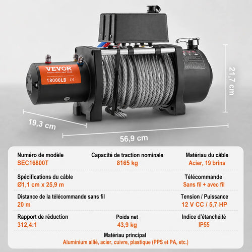 Spécifications du treuil 8165 kg : câble acier de 19 brins, rapport de réduction 312,4:1, indice IP55