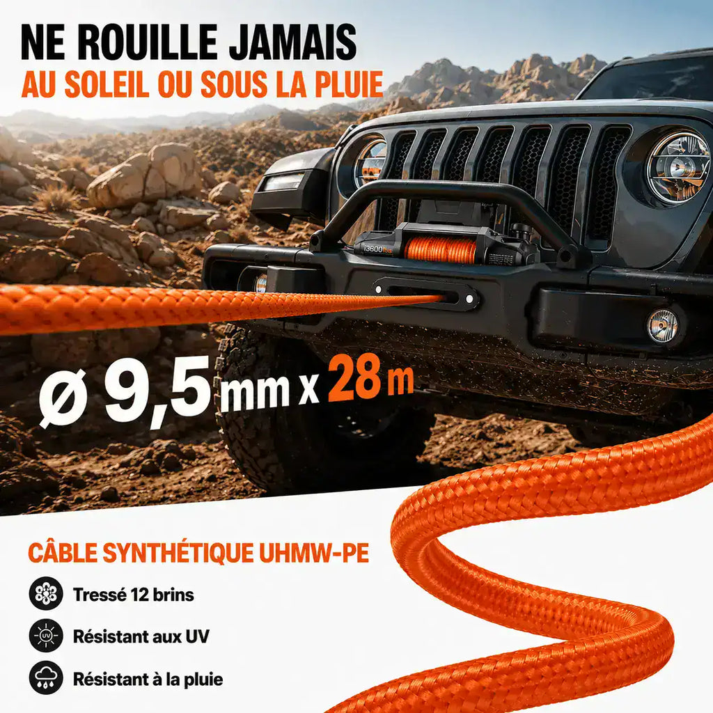 Corde synthétique UHMW-PE tressée 12 brins, diamètre 9,5 mm sur 28 m, résistante aux UV et à la pluie