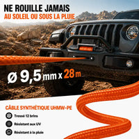 Corde synthétique UHMW-PE tressée 12 brins, diamètre 9,5 mm sur 28 m, résistante aux UV et à la pluie