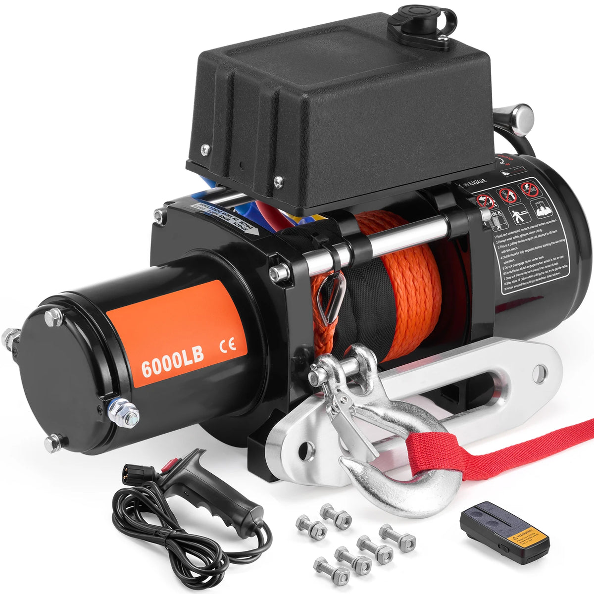 Treuil électrique 12V de 2722 kg avec corde synthétique orange, boîtier de contrôle, télécommande sans fil et visserie