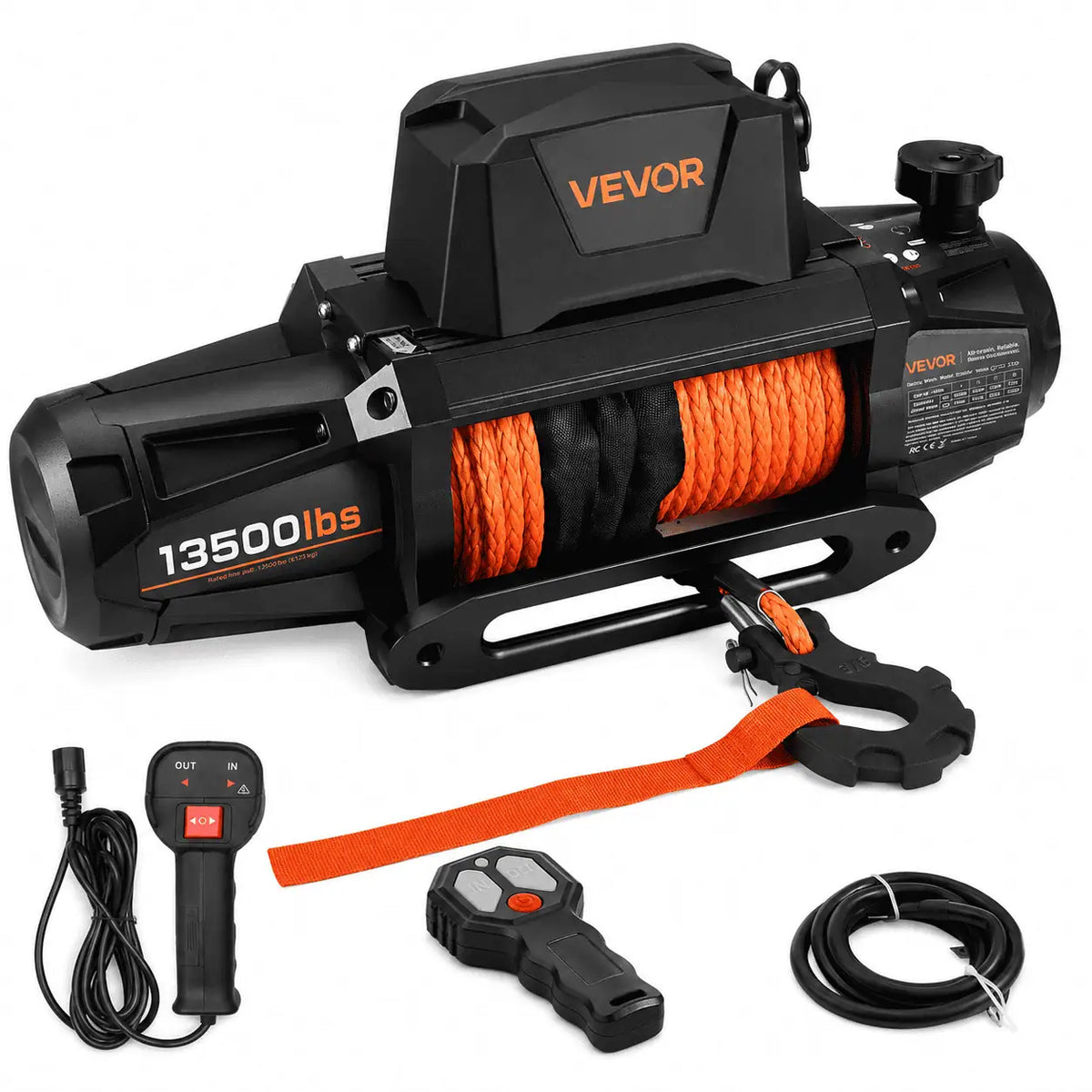 Treuil électrique 12V pour 4x4 avec corde synthétique orange, télécommande filaire, télécommande sans fil et câble d'alimentation