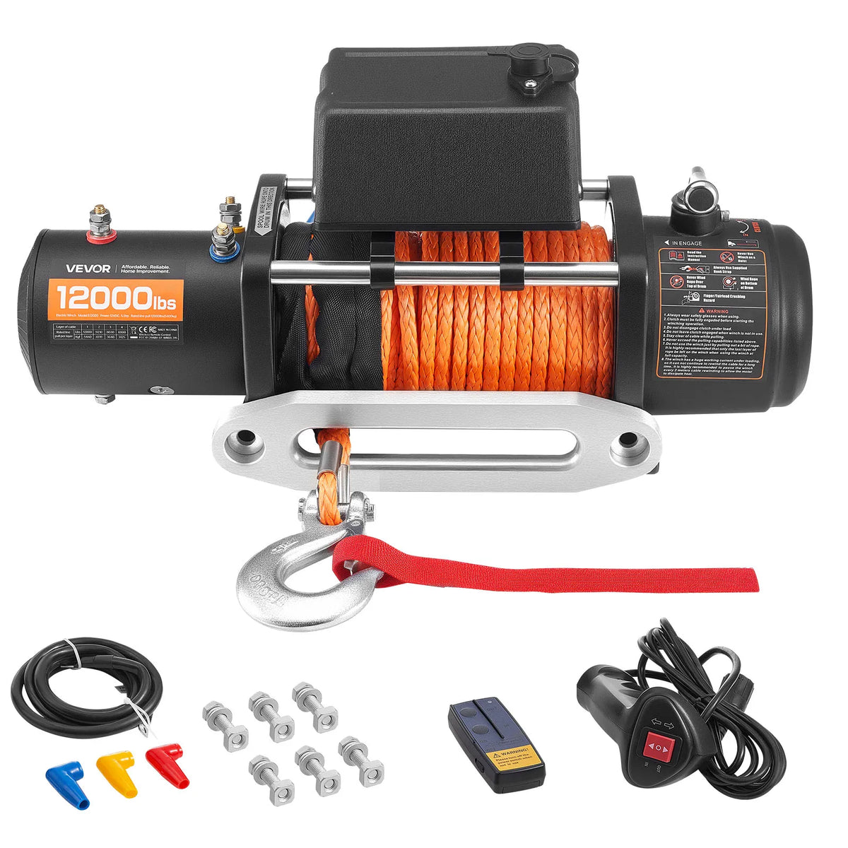 Treuil électrique 12V de 5400 kg avec corde synthétique orange, télécommande filaire, télécommande sans fil et visserie