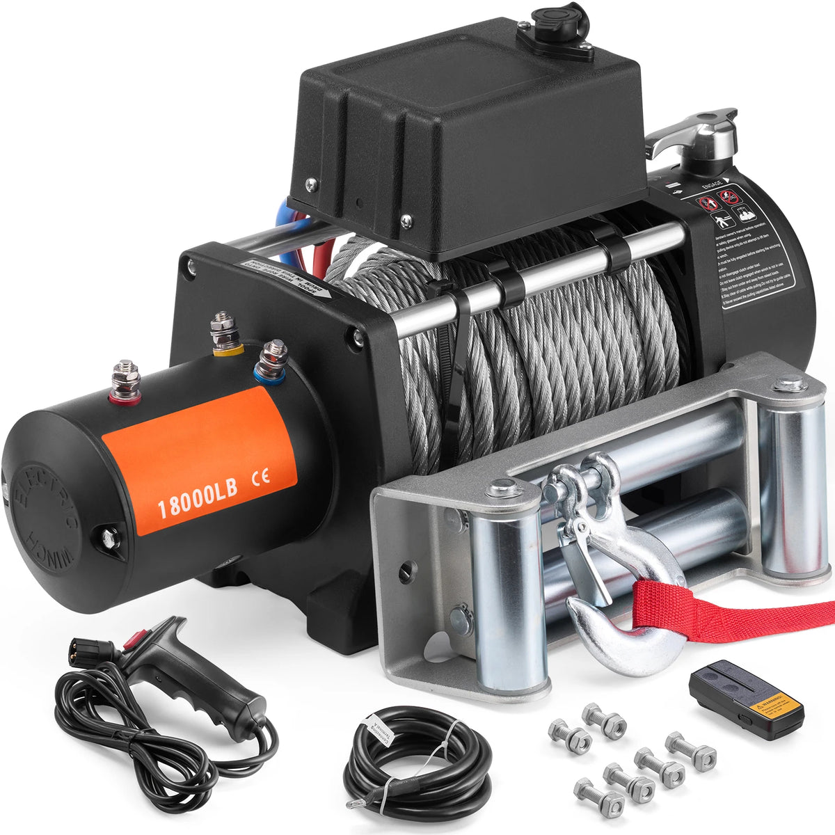 Treuil électrique 12V 8165 kg à câble acier, livré avec télécommandes, boîtier de contrôle et câbles