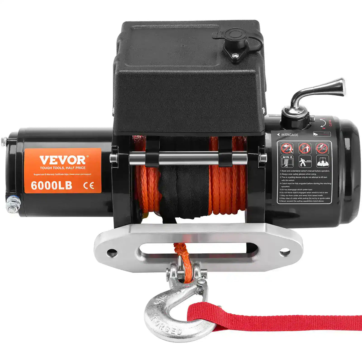 Treuil électrique 6000 lb vu de face avec guide-câble, corde orange et sangle rouge