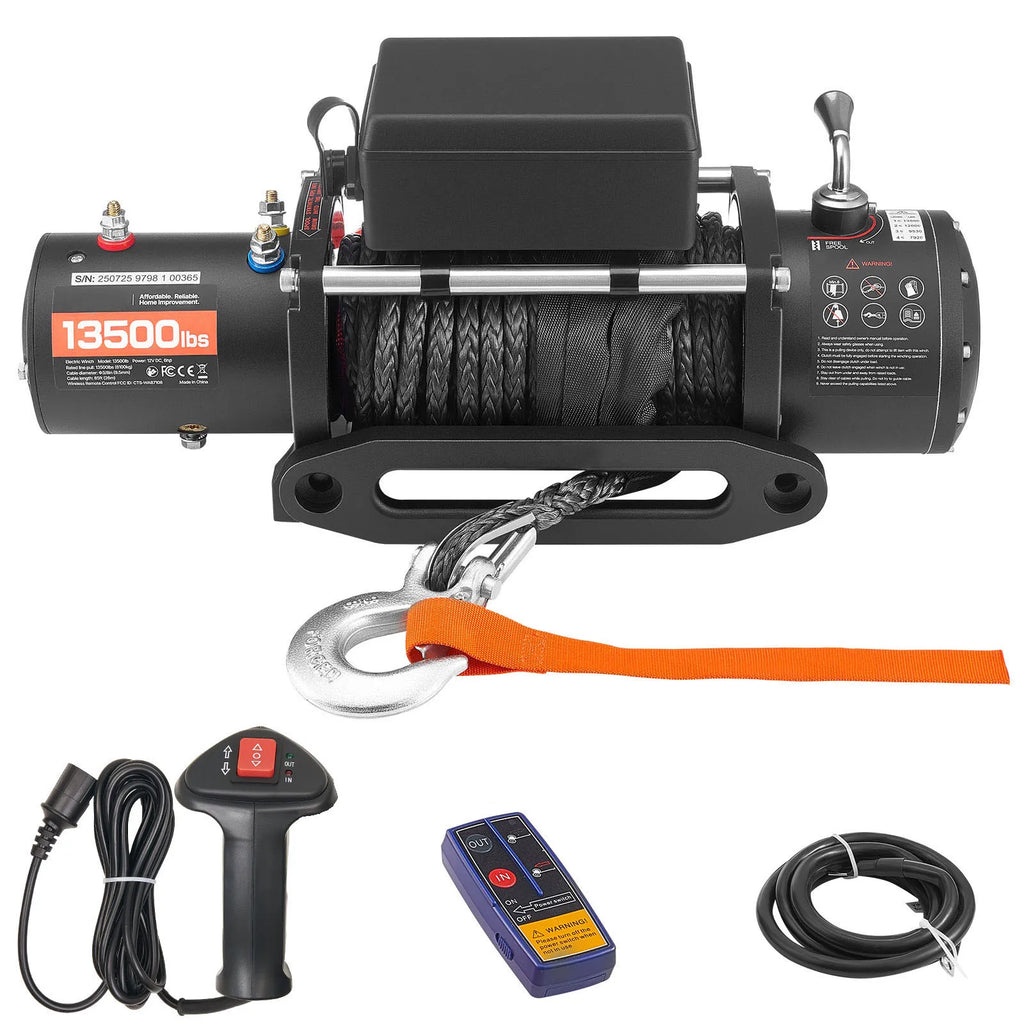 Treuil électrique 4x4 12V de 6100 kg avec corde synthétique, télécommande filaire, télécommande sans fil et câble d'alimentation