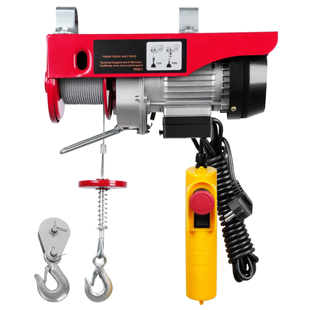 Treuil électrique de levage 220V rouge avec crochets, câble acier et télécommande filaire jaune