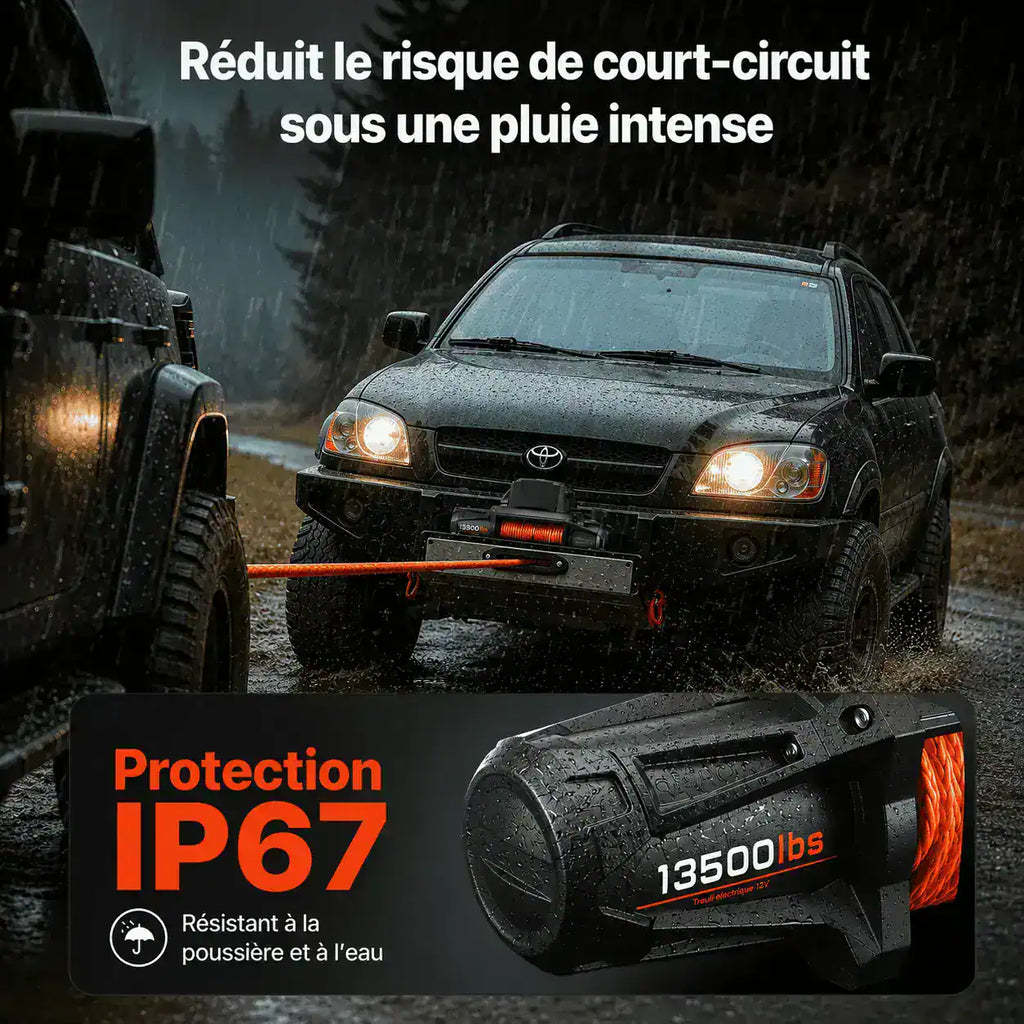 Treuil sous une pluie intense, indice de protection IP67 contre la poussière et l'eau