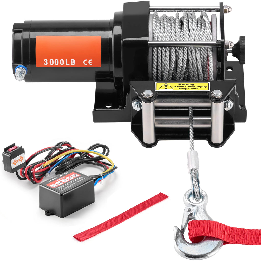 Treuil électrique 12V pour quad de 1361 kg à câble acier, avec boîtier de contrôle, câblage et sangle rouge
