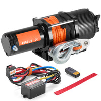 Treuil électrique 12V pour quad avec corde synthétique orange, boîtier de contrôle, télécommande sans fil et sangle rouge