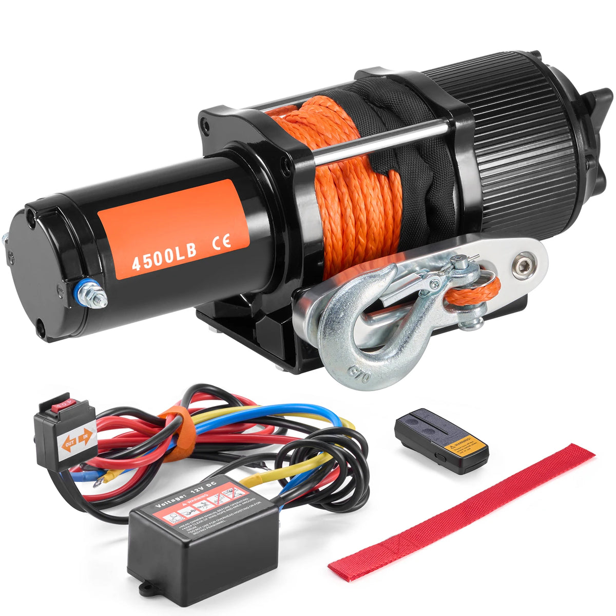 Treuil électrique 12V pour quad avec corde synthétique orange, boîtier de contrôle, télécommande sans fil et sangle rouge