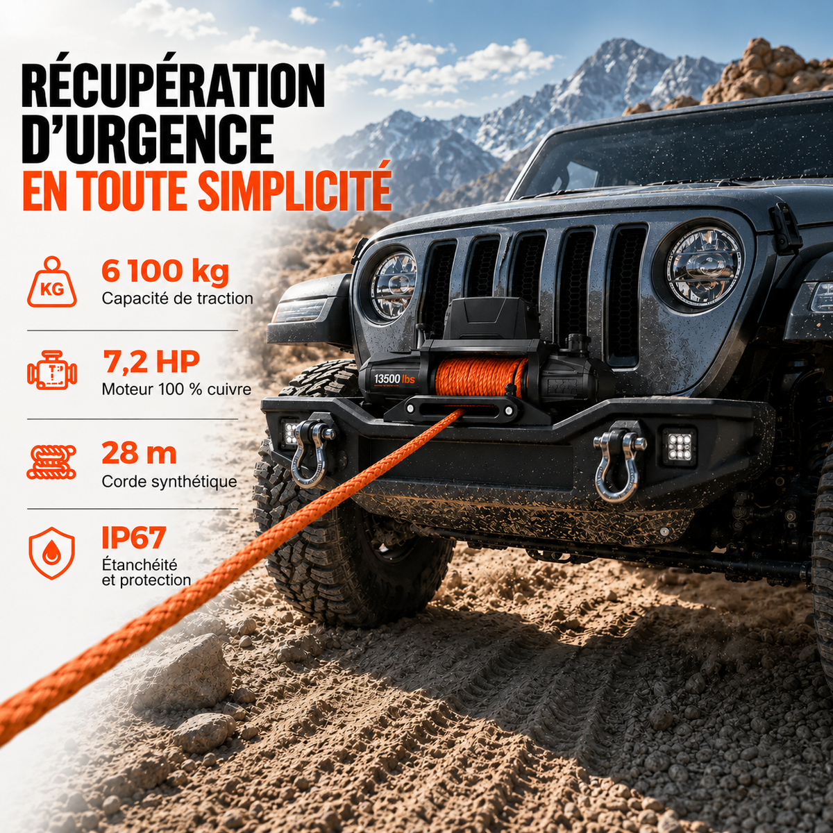 Récapitulatif des caractéristiques : 6 100 kg de traction, 7,2 HP, 28 m de corde, indice IP67