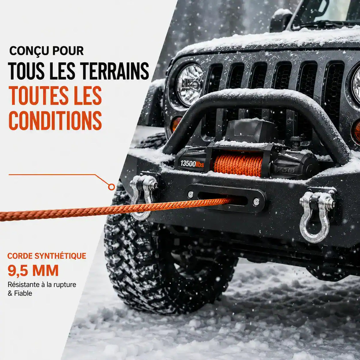 Treuil utilisé sur terrain enneigé, corde synthétique de 9,5 mm tendue