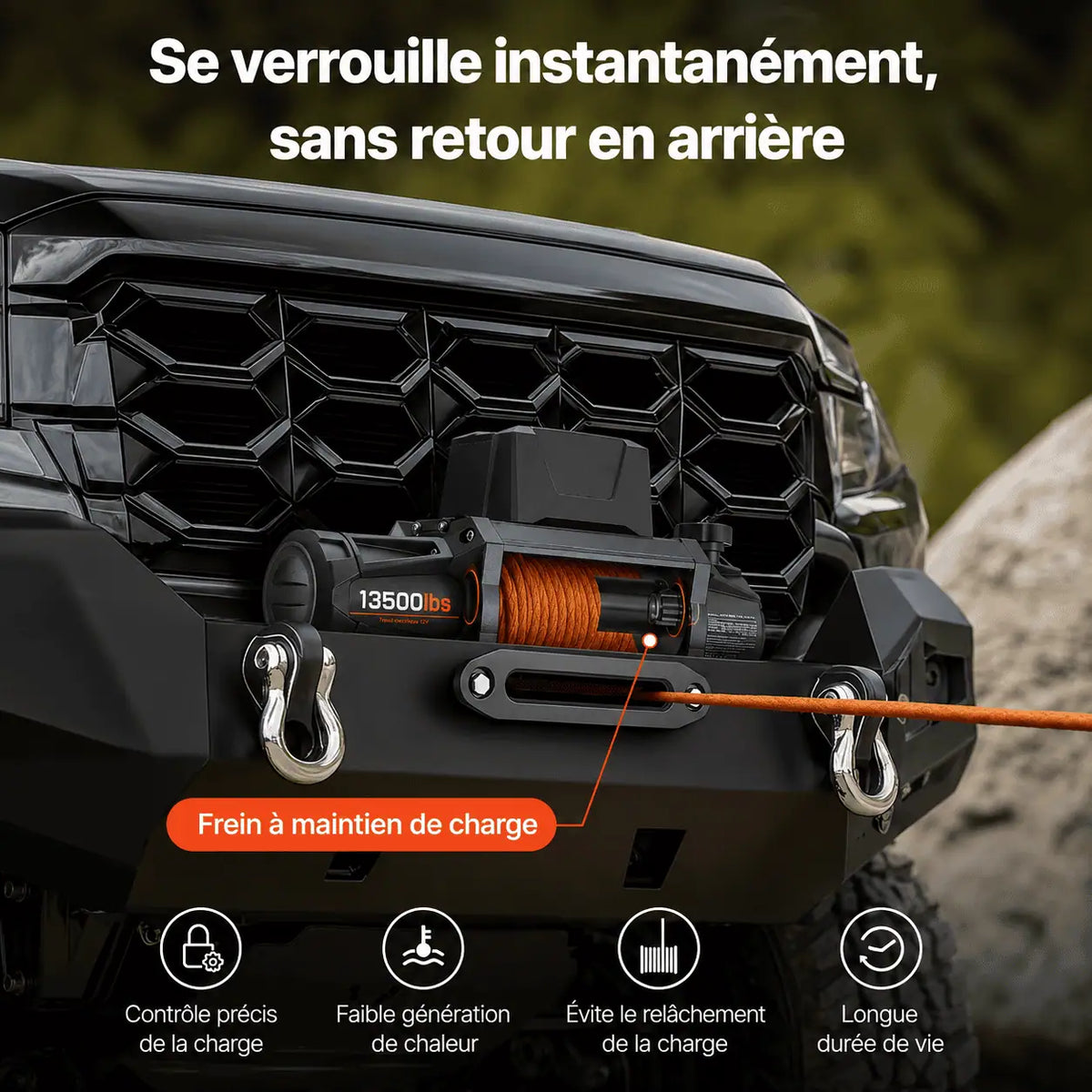 Frein de maintien de charge bloquant le tambour dès l'arrêt, sans retour en arrière