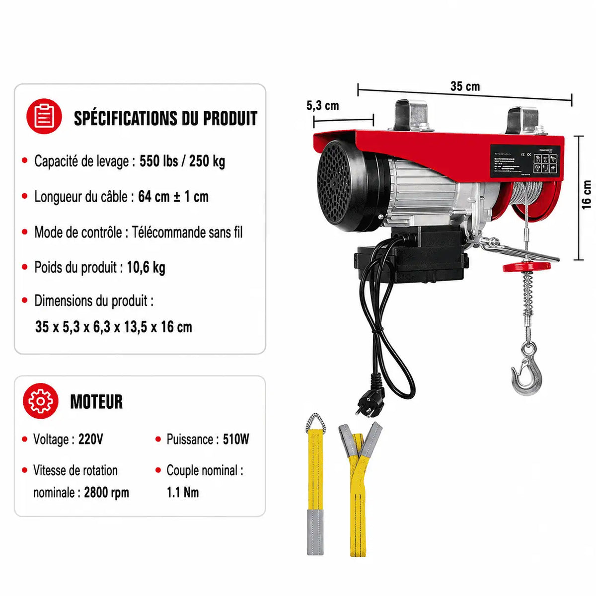 Spécifications de la version filaire : capacité 250 kg, moteur 220V 510W, poids 10,35 kg, dimensions 35 x 13,5 x 16 cm