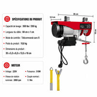 Spécifications de la version filaire : capacité 250 kg, moteur 220V 510W, poids 10,35 kg, dimensions 35 x 13,5 x 16 cm