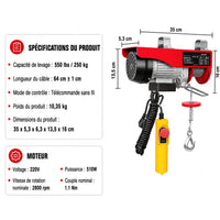 Spécifications de la version sans fil : capacité 250 kg, moteur 220V 510W, 2 800 tr/min, poids 10,6 kg